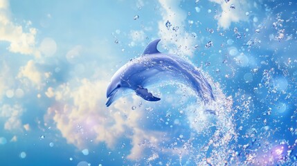 Aufkleber - A dolphin performing a backflip in the air, with water droplets frozen in mid-air and a vibrant blue sky in the background.