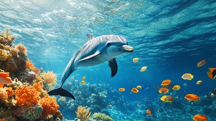Poster - A dolphin swimming gracefully underwater, surrounded by a school of colorful fish in a crystal-clear ocean.