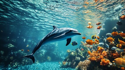 Poster - A dolphin swimming gracefully underwater, surrounded by a school of colorful fish in a crystal-clear ocean.