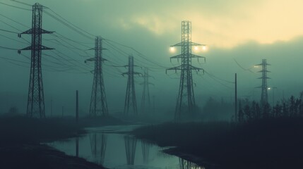 Poster - A high-resolution shot of multiple electricity transmission towers lined up in a row, emphasizing their scale and the extensive network of power lines.