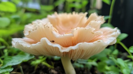 Poster - A macro shot of a mushroom growing in a garden, focusing on its delicate cap and stem with a soft focus on the surrounding greenery.