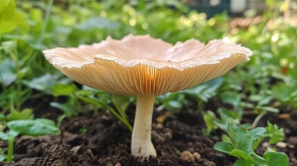 Poster - A macro shot of a mushroom growing in a garden, focusing on its delicate cap and stem with a soft focus on the surrounding greenery.