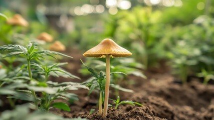 Poster - A macro shot of a mushroom growing in a garden, focusing on its delicate cap and stem with a soft focus on the surrounding greenery.