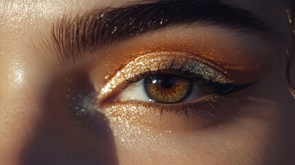 Canvas Print - A macro shot of a woman's eye with a glittering gold eyeshadow and precise black eyeliner, capturing the intricate detail of her makeup.