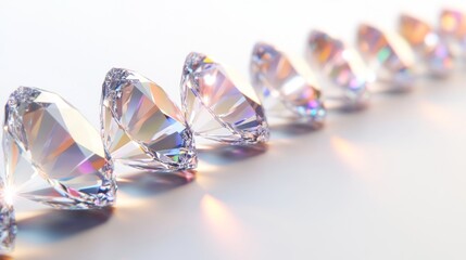 Poster - A row of shimmering diamonds lined up neatly on a pure white background, their facets catching and refracting light in every direction.