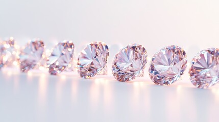 Poster - A row of shimmering diamonds lined up neatly on a pure white background, their facets catching and refracting light in every direction.