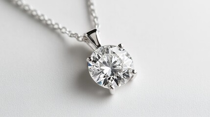 Poster - A top-down view of an elegant diamond pendant on a white background, the clear gemstone shimmering against the simple backdrop.