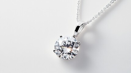 Poster - A top-down view of an elegant diamond pendant on a white background, the clear gemstone shimmering against the simple backdrop.