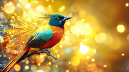 Poster - Close-up of an elegant bird with striking feathers, perched on a branch, with a dazzling background of abstract lights creating a vibrant and artistic effect.