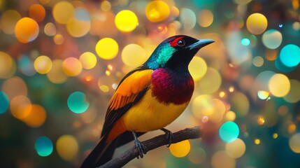 Poster - Close-up of an elegant bird with striking feathers, perched on a branch, with a dazzling background of abstract lights creating a vibrant and artistic effect.