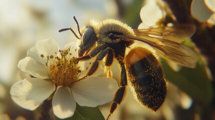 Poster - Close-up of a bee on a flower, capturing its delicate wings, antennae, and the intricate details of its body and the pollen it collects.