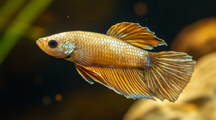 Poster - Close-up of a Betta fish with iridescent scales and long, flowing fins, captured in a peaceful aquarium setting with soft lighting that enhances its colors.
