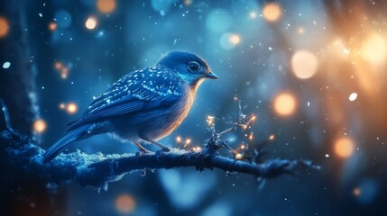 Poster - Close-up of a bird with detailed feather patterns, perched on a branch, with a background of softly glowing lights adding depth and a magical feel to the scene.