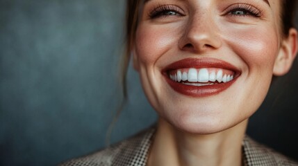 Aufkleber - Close-up of a businesswoman with a confident smile and clear, sharp features, dressed in professional clothing, representing success and authority.