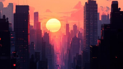 Aufkleber - Close-up of a city skyline with the sun setting between tall buildings, capturing the interplay of light and shadows as day transitions to night.