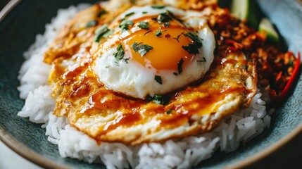 Poster - Close-up of a classic Thai omelette served on white rice, with a drizzle of fish sauce and chili on the side, highlighting the texture and fluffiness of the egg.