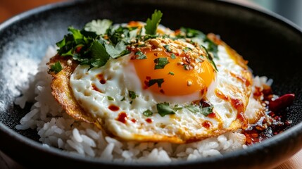 Aufkleber - Close-up of a classic Thai omelette served on white rice, with a drizzle of fish sauce and chili on the side, highlighting the texture and fluffiness of the egg.