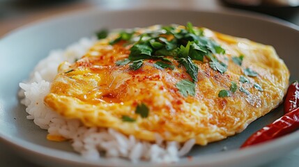 Aufkleber - Close-up of a classic Thai omelette served on white rice, with a drizzle of fish sauce and chili on the side, highlighting the texture and fluffiness of the egg.