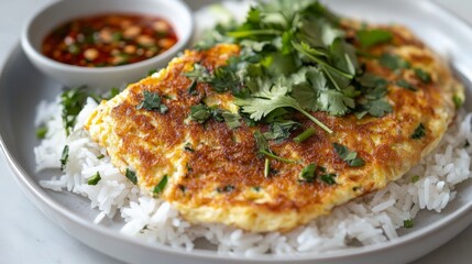 Aufkleber - Close-up of a crispy, fluffy Thai omelette resting on rice, served with a side of spicy sauce and fresh herbs, highlighting the texture and rich flavor.