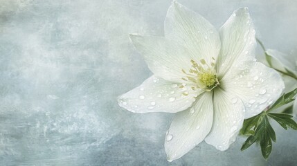 Poster - Close-up of a delicate flower with tiny water droplets scattered across its petals, capturing the freshness and detail of the natural scene.