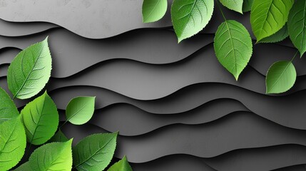 Wall Mural - Green leaves on layered gray background with waves