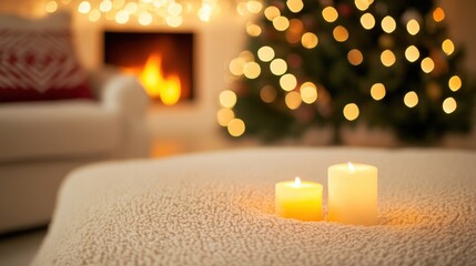 Wall Mural - Warm candles light a festive room with a beautifully decorated Christmas tree next to a crackling fireplace, perfect for the holidays