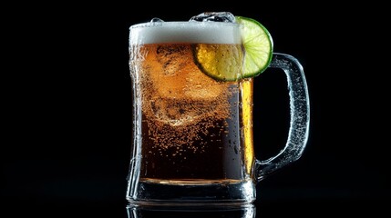 Poster - Close-up of a frosty beer mug filled with a crisp lager, with a slice of lime on the rim and a refreshing splash of condensation.
