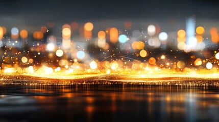 Poster - Glowing bokeh lights dance in a harmonious blend with sparkling gold glitter, forming an enchanting atmosphere in the darkness
