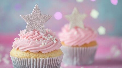 Wall Mural - Two beautifully crafted cupcakes adorned with pink frosting and star-shaped toppers rest on a festive background, evoking celebration