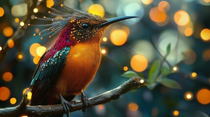 Poster - Close-up of a striking bird with elaborate feather details, perched on a branch, with a background of abstract lights creating a captivating and artistic ambiance.