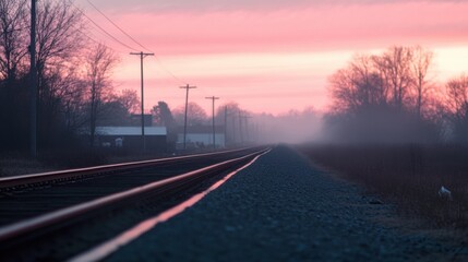 Wall Mural - Vast fields line the railroad tracks, with a vibrant sunset painting the sky in hues of pink and purple, creating a tranquil autumn ambiance