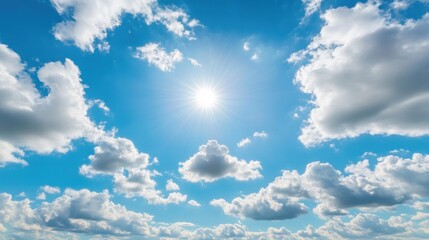 Wall Mural - fluffy clouds drift across a vibrant sky filled with stars as sunlight bathes the scene in a warm gl