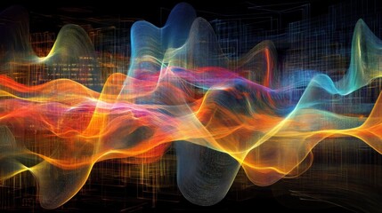 Poster - Colorful electric waves spreading across a circuit board, illustrating the power and complexity of electronic devices in modern technology.