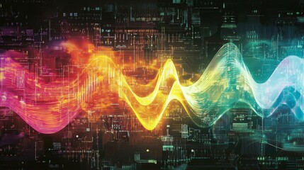 Poster - Colorful electric waves spreading across a circuit board, illustrating the power and complexity of electronic devices in modern technology.