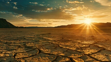 Wall Mural - sunset casts golden light over a dry, cracked desert landscape, highlighting the harsh yet beautiful