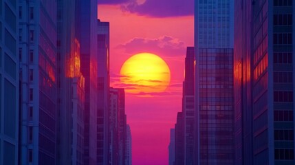 Poster - Detailed shot of the sun setting between modern high-rises, with the buildings framing the vibrant colors of the sky and the glowing orb of the sun.
