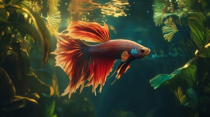 Poster - Detailed view of a majestic Betta fish with a full display of its colorful fins and dynamic posture, set against a lush underwater plant backdrop.