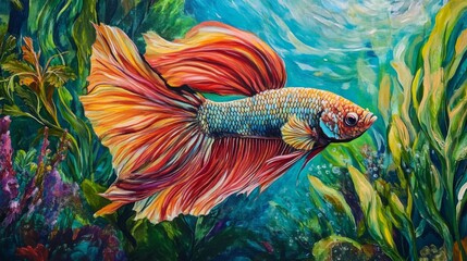 Poster - Detailed view of a majestic Betta fish with a full display of its colorful fins and dynamic posture, set against a lush underwater plant backdrop.