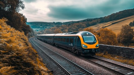 Aufkleber - High-definition shot of an electric train passing through a scenic countryside, highlighting the contrast between the train and the natural landscape.