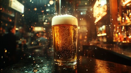 Poster - High-definition shot of a glass of beer with a frothy head and a few bubbles rising, captured against a backdrop of a lively bar scene.