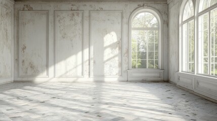 Poster - Sunlight pours through tall, arched windows onto the pristine floor of an elegant, empty room. The space is peaceful and inviting
