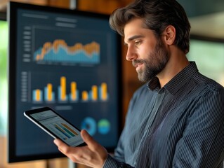 Poster - A focused businessman examines financial data on his tablet, with large informative graphs displayed on a nearby screen. Generative ai illustration.