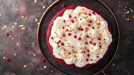 Poster - High-resolution top view of a decadent red velvet cake with cream cheese frosting and a touch of edible gold flakes, emphasizing its luxurious presentation.