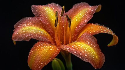 Poster - High-resolution view of a flower with dew drops on its petals, featuring a soft focus on the droplets to emphasize their sparkling and fresh appearance.