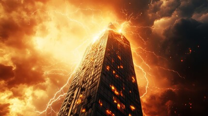 Poster - High-resolution view of lightning striking a tall building during a summer thunderstorm, with dramatic illumination and stormy clouds overhead.