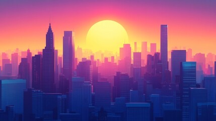 Poster - High-resolution view of the sun dipping below the horizon, framed by towering skyscrapers, with vibrant colors and long shadows stretching across the cityscape.