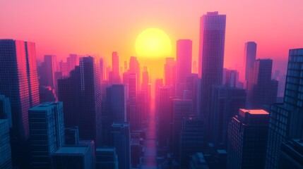 Poster - High-resolution view of the sun dipping below the horizon, framed by towering skyscrapers, with vibrant colors and long shadows stretching across the cityscape.