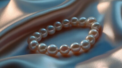 Poster - Macro shot of a pearl bracelet resting on a silk fabric, focusing on the soft shimmer and perfect roundness of the pearls.
