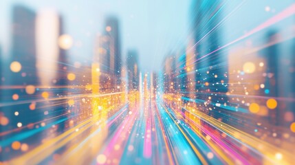 Poster - Vibrant streaks of light flow through a blurred cityscape, creating a dynamic visual effect during the evening