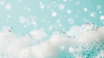 Poster - Foamy bubbles create a playful texture on a soft light blue surface, evoking feelings of calmness and freshness in the environment